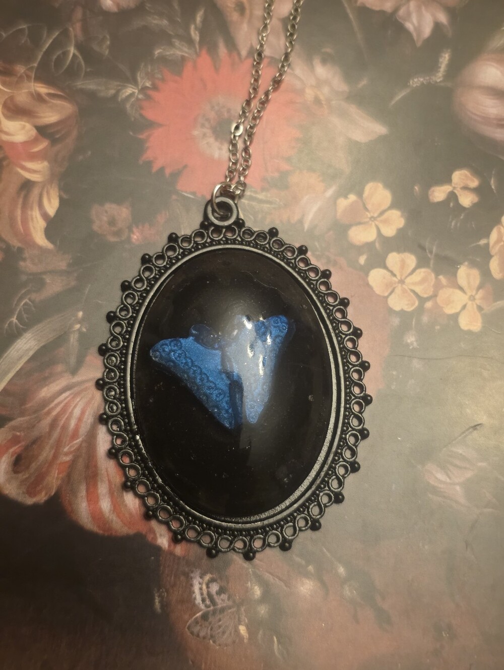 Blue Butterfly Pendant W Black Backdrop On Stainless Steel Chain Necklace